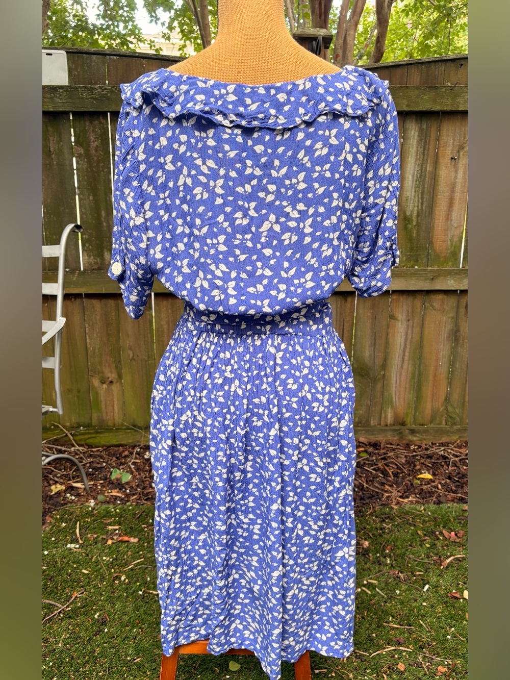 Vintage Eileen West Blue Floral Prairie Dress Belted Pleated Midi USA - Picture 3 of 12
